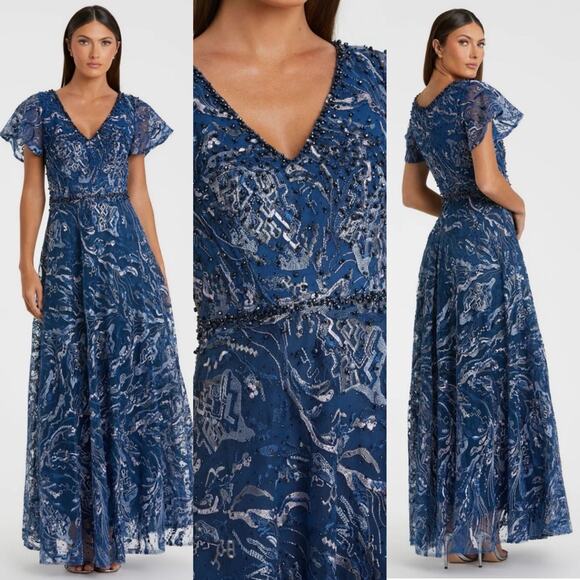 Mac Duggal Embellished Illusion Butterfly Sleeve A-Line Gown Dress - Picture 1 of 14
